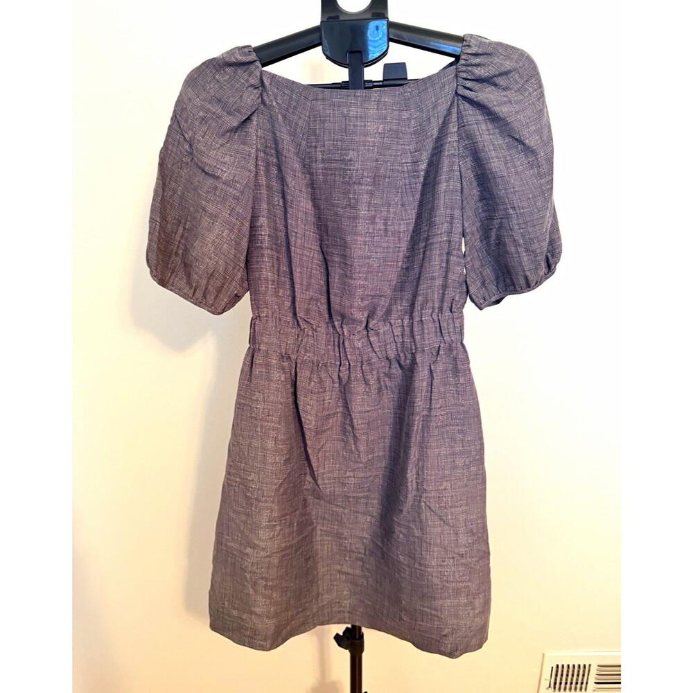Lauren Moffatt Gray Solid V-Neck Puff Short Sleeve 100% Silk Mini Dress Size 8